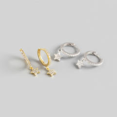 S925 star diamond drop huggie earrings