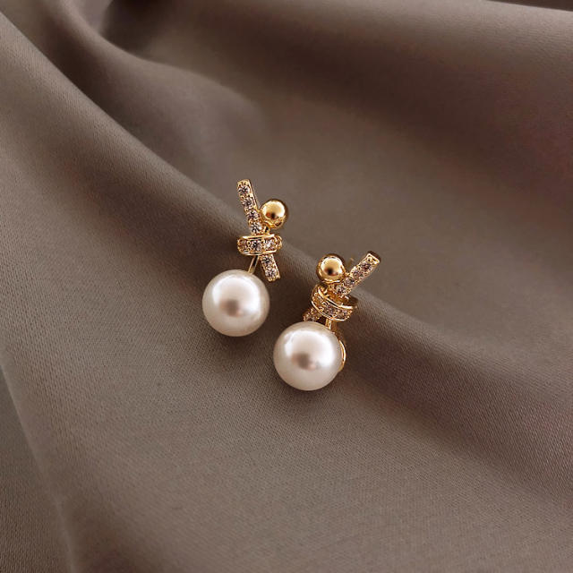 925 sterling silver needle diamond bow pearl earrings