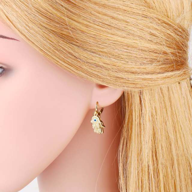 Diamond evil eye fatima hand huggie earrings