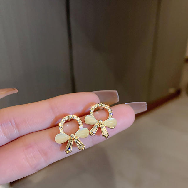Opal stone bow cute ear studs