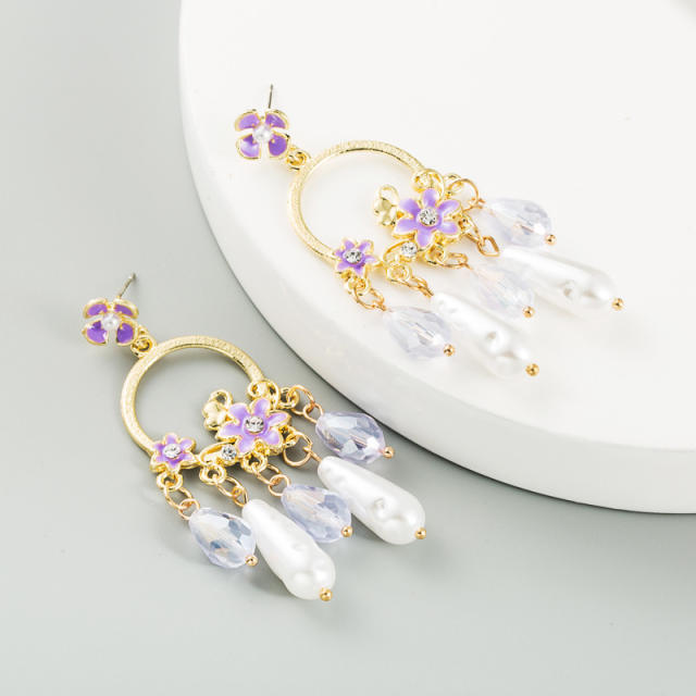 Pearl Crystal pendant flower dangling earrings