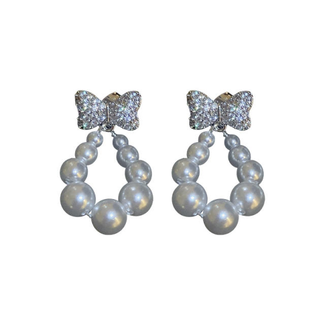 Cubic zircon bow pearl drop earrings