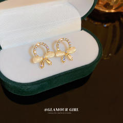 Opal stone bow cute ear studs
