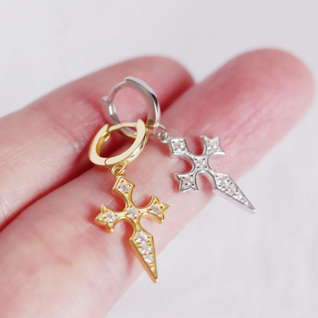 S925 Silver cross diamond baroque earrings