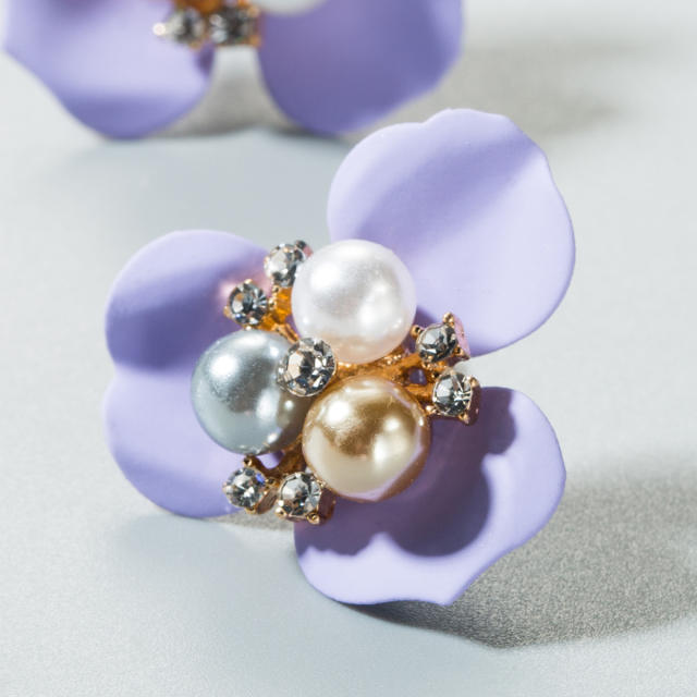 Pearl Rhinestone flower studs earrings