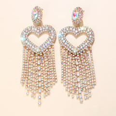 Rhinestone heart tassel dangle earrings