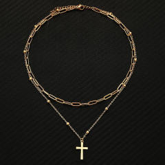 Cross pendant two layer stainless steel necklace chain necklace