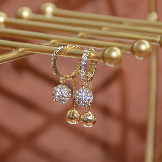Diamond ball long tassel huggie earrings