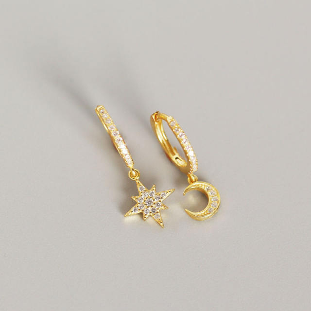 S925 Silver diamond moon star huggie earrings