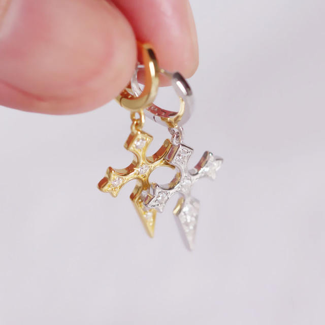 S925 Silver cross diamond baroque earrings