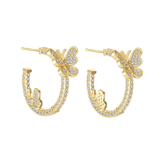 Diamond butterfly open hoop earrings