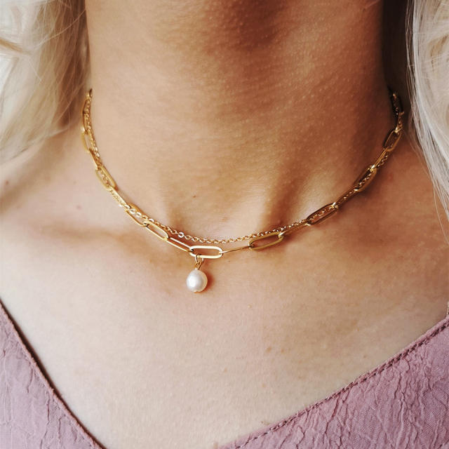 Baroque pearl two layer stainless steel necklace chain choker