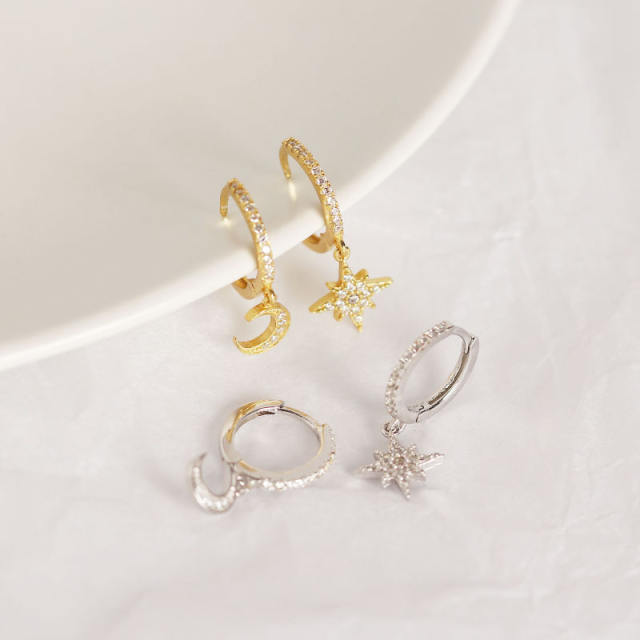 S925 Silver diamond moon star huggie earrings