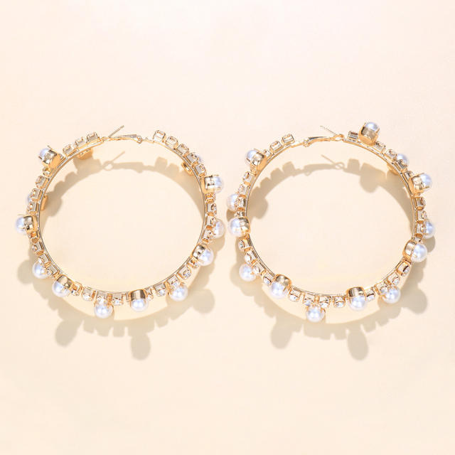 Rhinestone pearl beaded hoop earrings