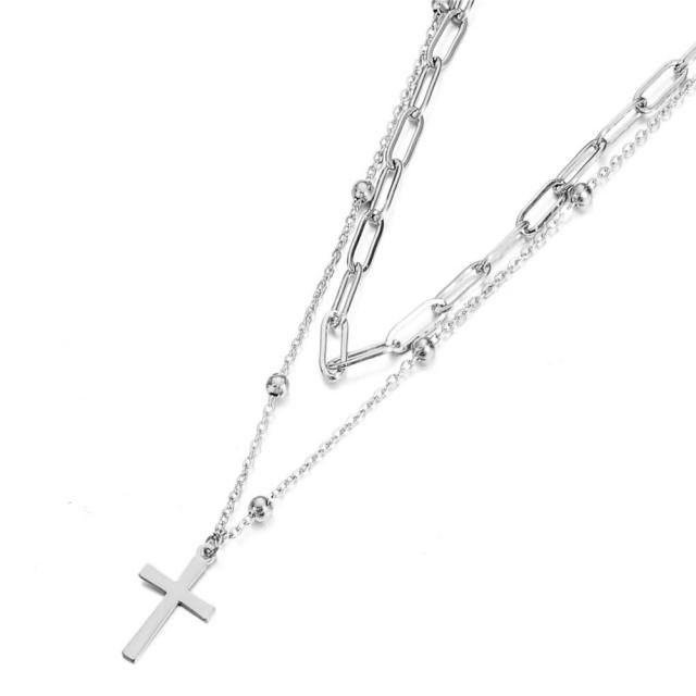 Cross pendant two layer stainless steel necklace chain necklace