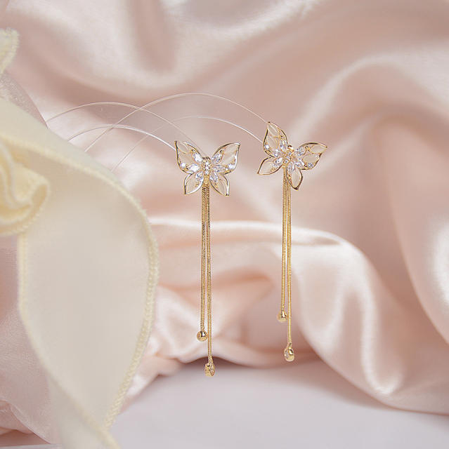 Diamond butterfly chain tassel earrings