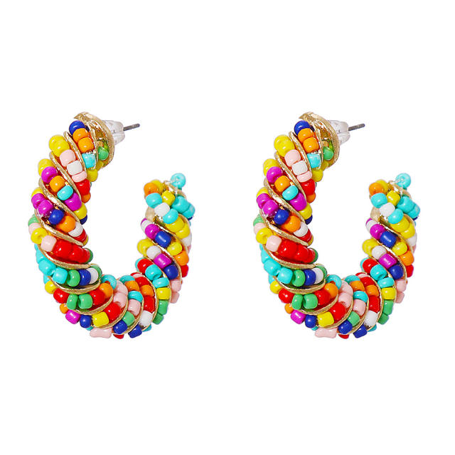 Boho seed beads twisted open hoop earrings