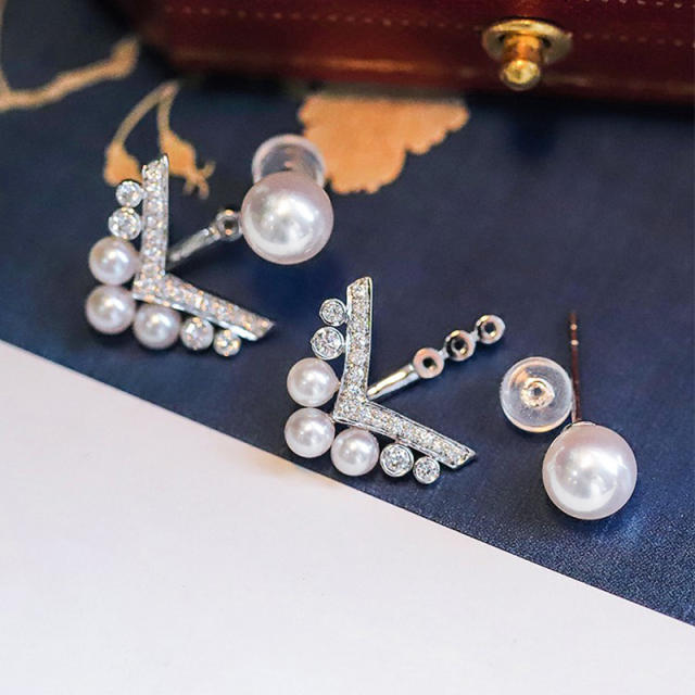 Faux pearl V shape jacket earrings