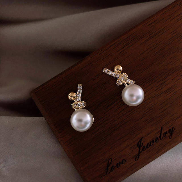 925 sterling silver needle diamond bow pearl earrings