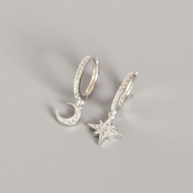 S925 Silver diamond moon star huggie earrings