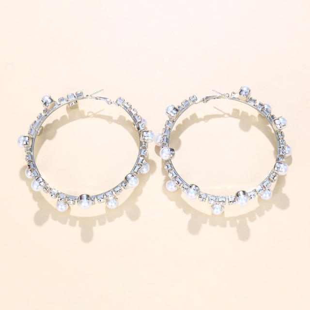 Rhinestone pearl beaded hoop earrings