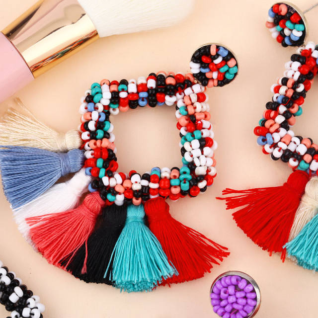 Fashion rhombus seed bead tassel earrings