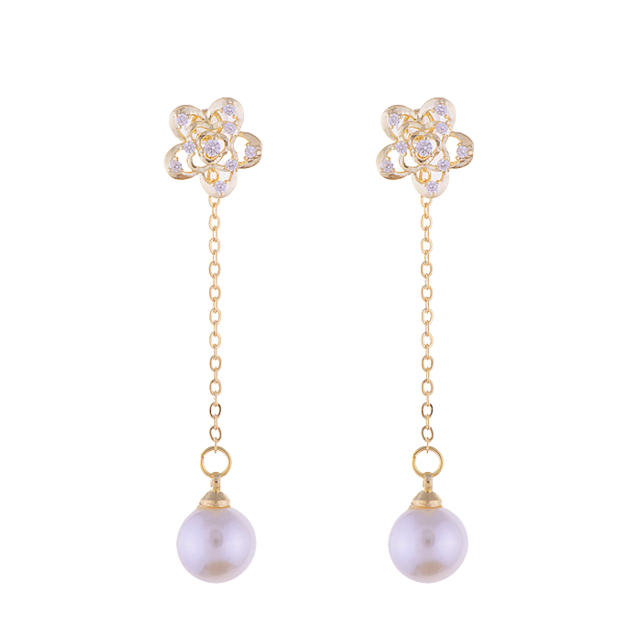 Diamond flower pearl long earings