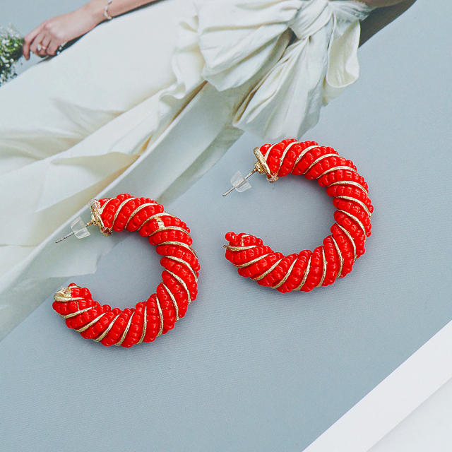 Boho seed beads twisted open hoop earrings