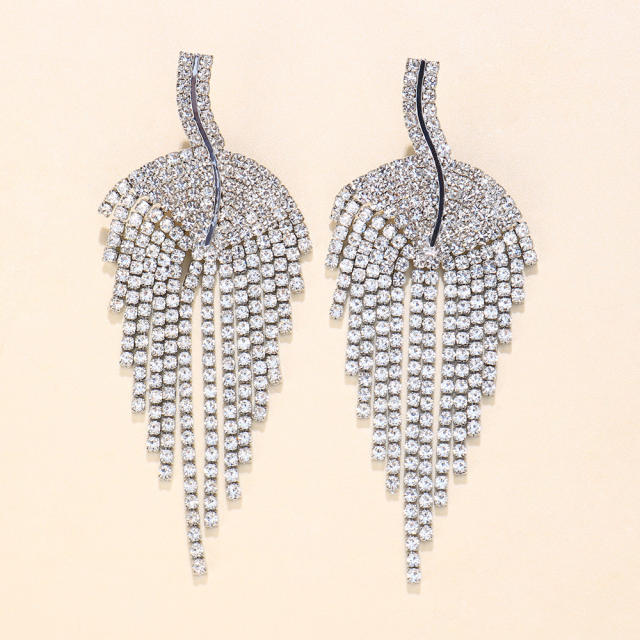 Rhinestone leaf tassel earrings