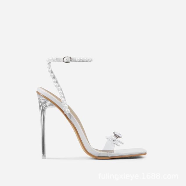 11cm pearl rhinestone bow heeled sandals