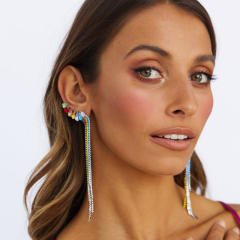 Colro rhinestone long tassel earrings