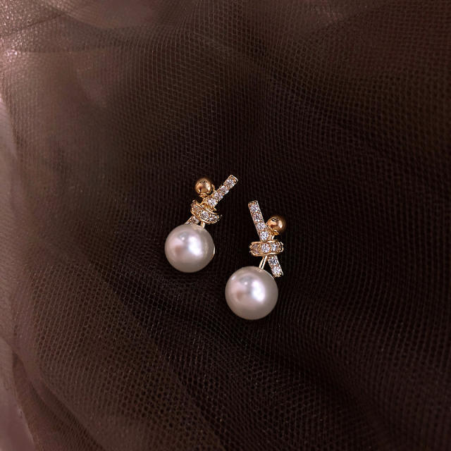925 sterling silver needle diamond bow pearl earrings