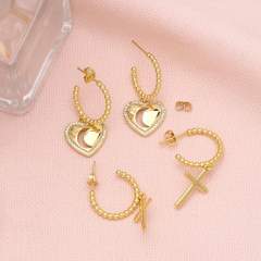 Vintage heart cross charm open hoop earrings