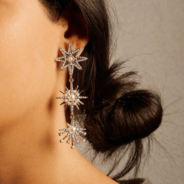 Pearl Rhinestone long drop earrings