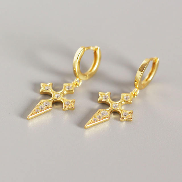 S925 Silver cross diamond baroque earrings