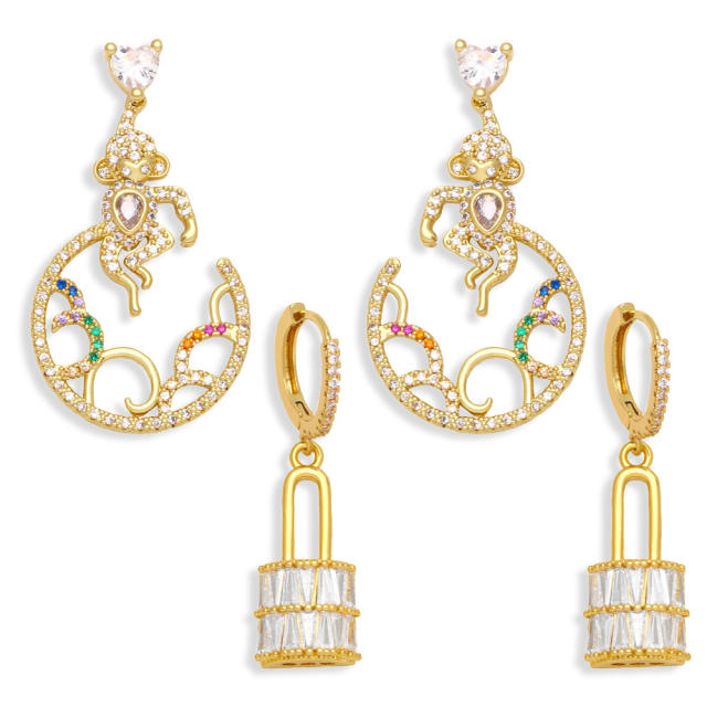 Diamond monkey padlock dangle earrings