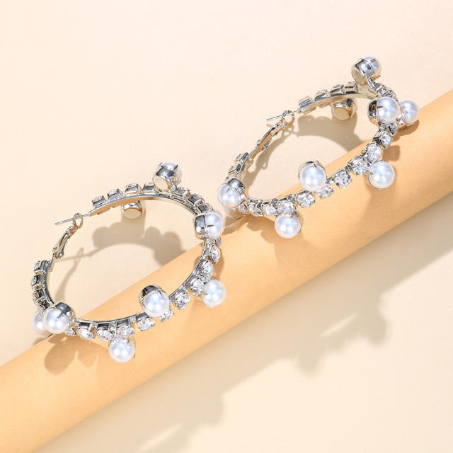 Rhinestone pearl beaded hoop earrings