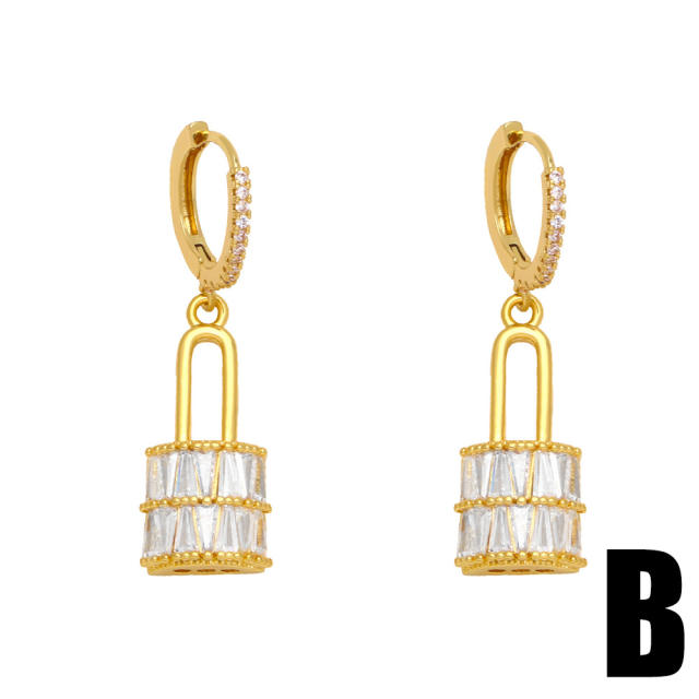 Diamond monkey padlock dangle earrings
