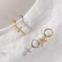 S925 cross diamond huggie earrings