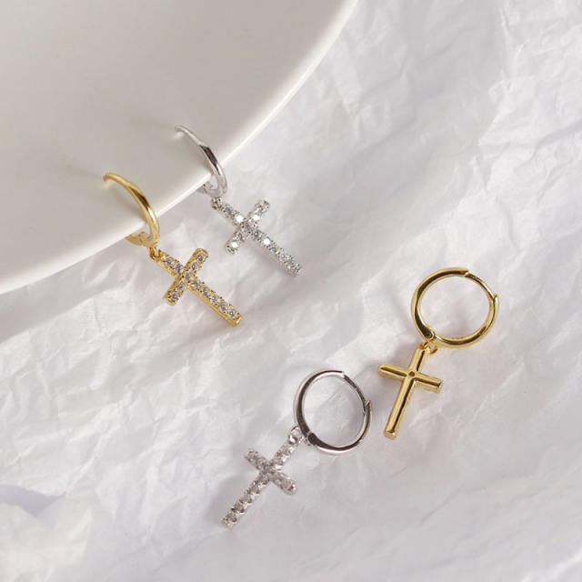 S925 cross diamond huggie earrings