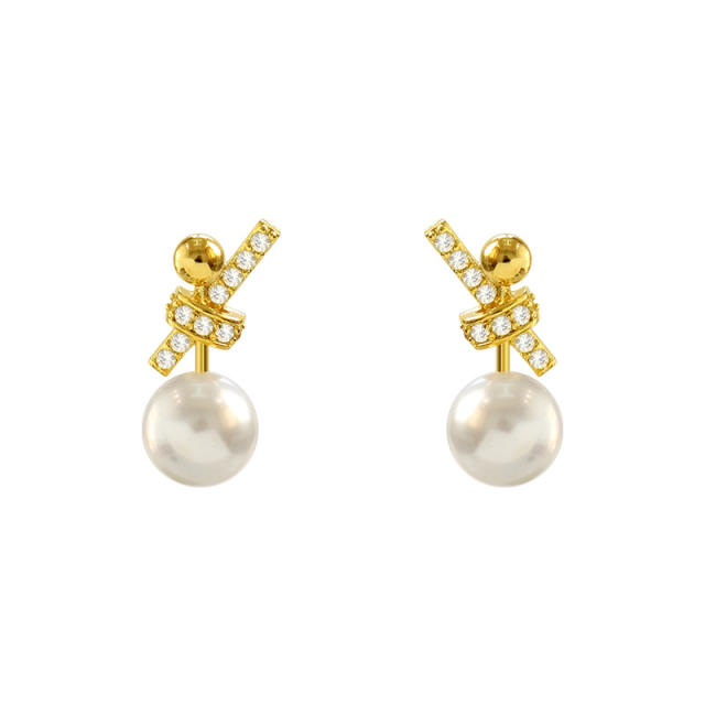 925 sterling silver needle diamond bow pearl earrings