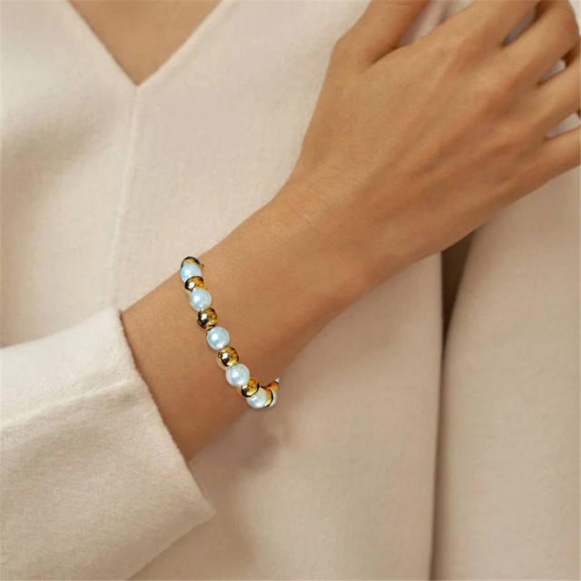 Korean fashion faux pearl beads stainless steel bracelet toggle bracelet