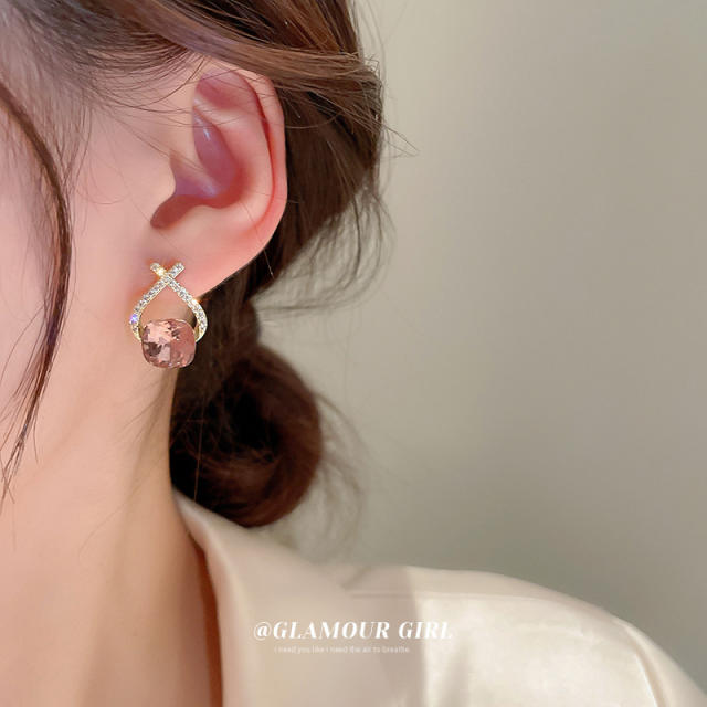 Pink color cubic zircon diamond ear studs