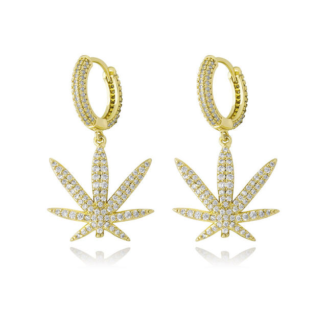Hip hop zircon maple leaf earrings