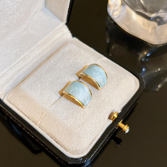 Enamel light blue color rhinestone open hoop earrings