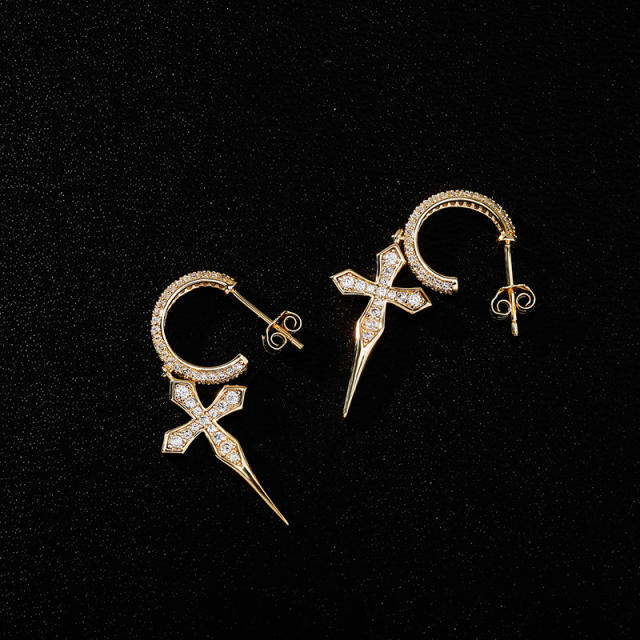 Hip hop zircon cross earrings