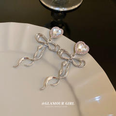INS design diamond heart bow dangle earrings
