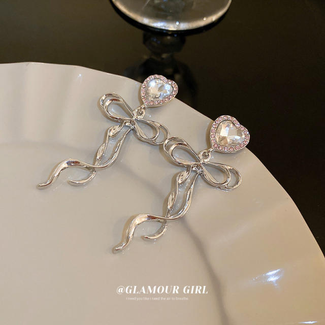 INS design diamond heart bow dangle earrings