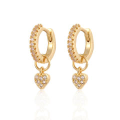 Rhinestone heart charm tiny huggie earrings