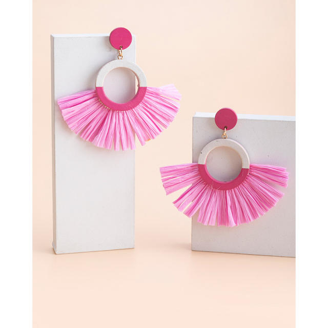 Boho summer colorful straw fan shape earrings